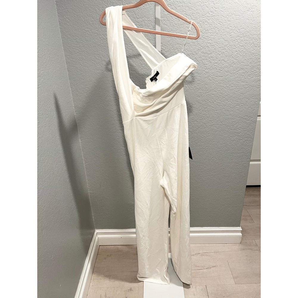 NWT Lulus Jumpsuit Womens Large White One Shoulder Wide Leg Draped Formal